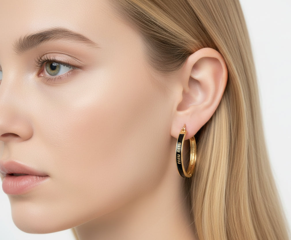 453 - Upcycled Gold Hoop Earrings with Black Accent