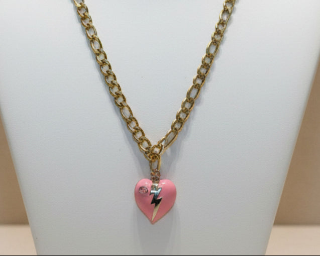 255 - Upcycled Gold Pink Heart with Gold Lightning Necklace