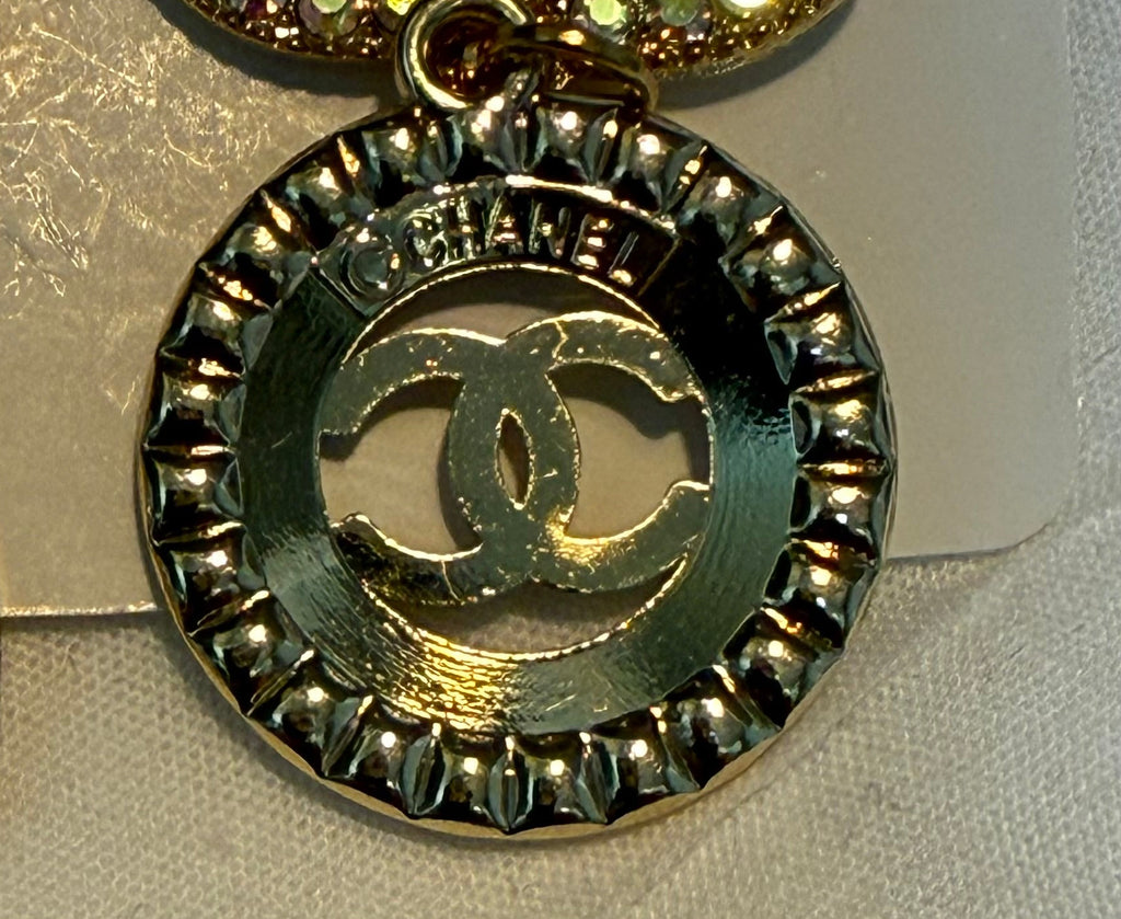 475 - Upcycled Gold Circle Pendant via Earrings with Iridescent Rhinestones