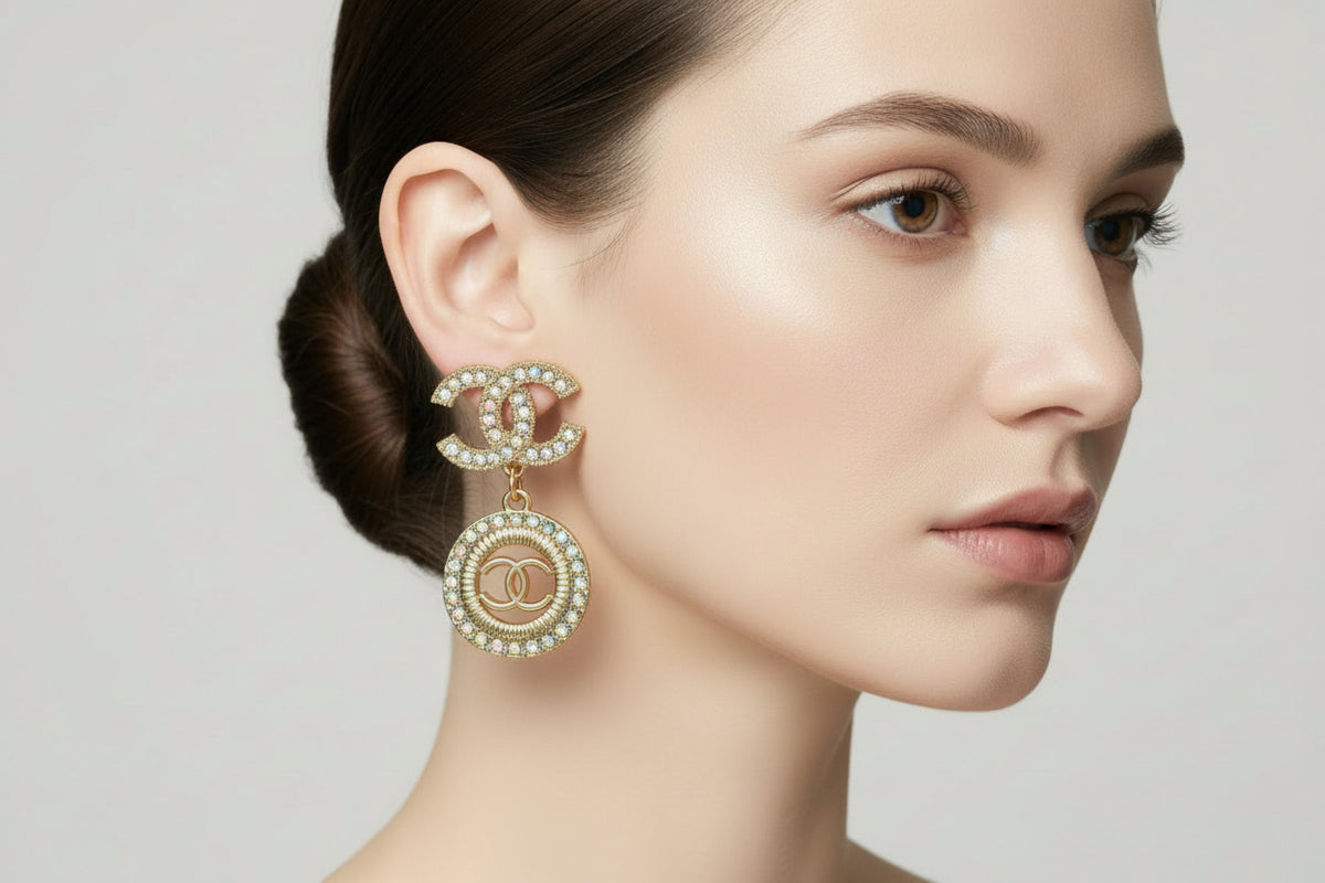 475 - Upcycled Gold Circle Pendant via Earrings with Iridescent Rhinestones