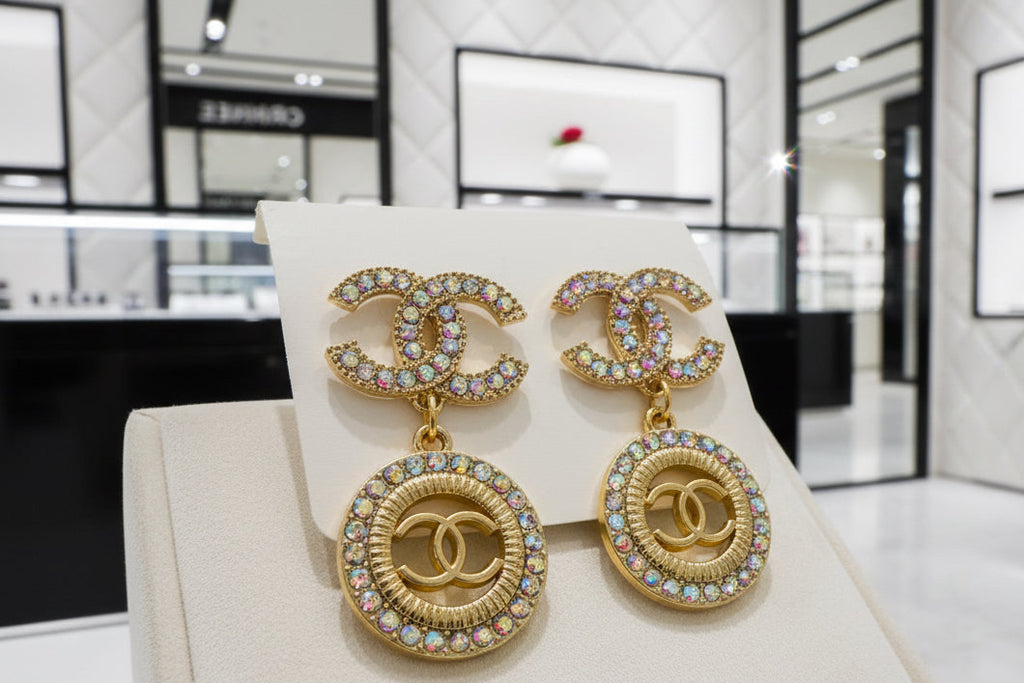 475 - Upcycled Gold Circle Pendant via Earrings with Iridescent Rhinestones