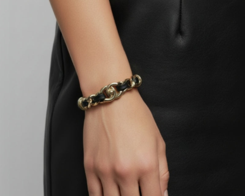 35- Gold and Black Faux Leather Bracelet