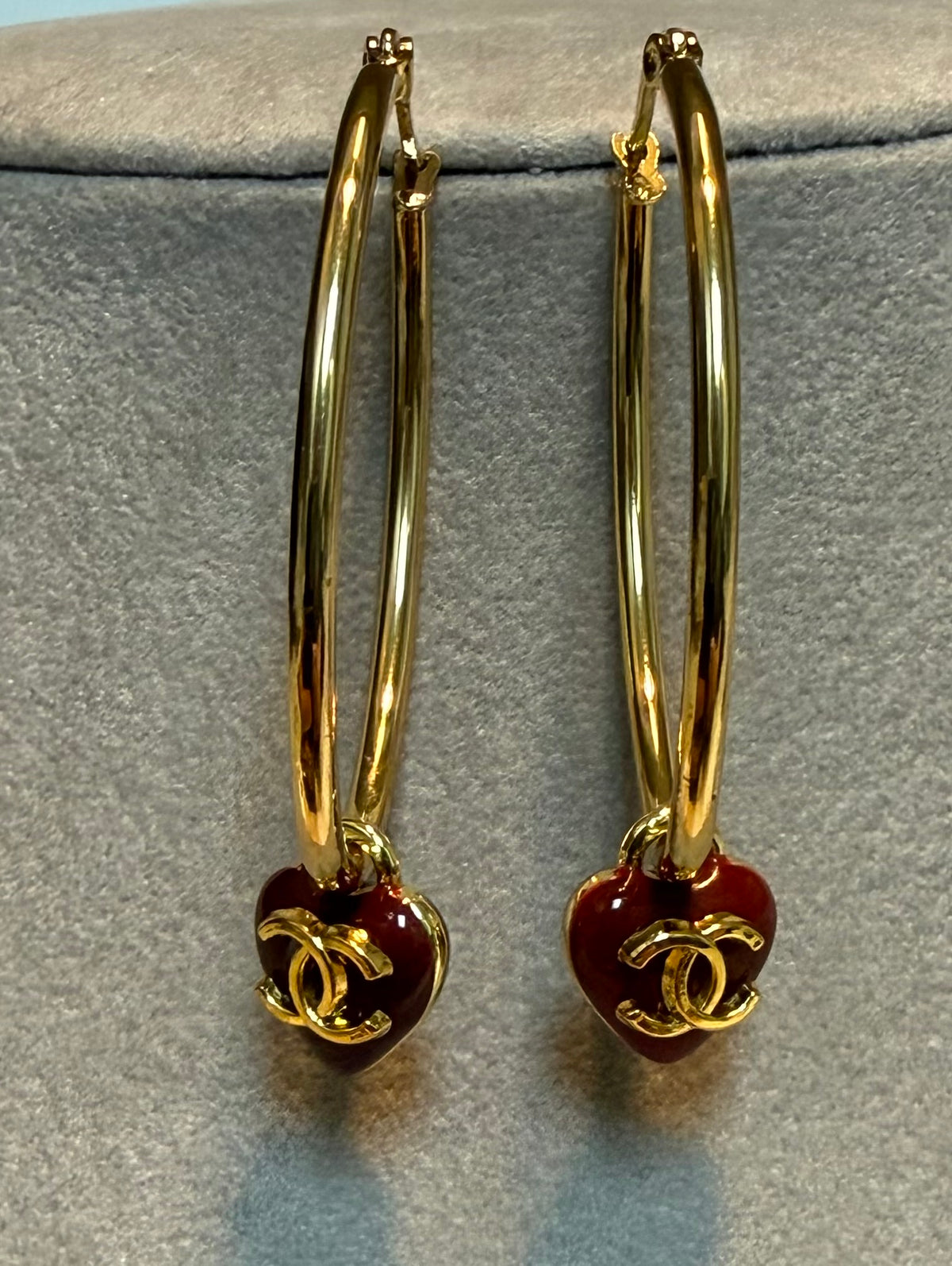 487 - Upcycled Gold maroon Heart Hoop Earrings