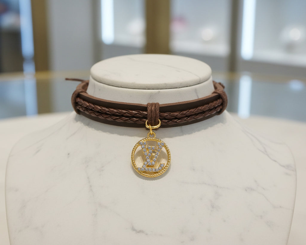 86 - Upcycled Gold Round Pendant with Clear Rhinestones on a Brown Faux Leather Bracelet
