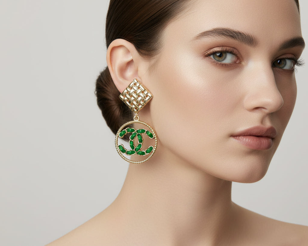 445 - Gold Circle Charm with Green Leather Accent Earrings