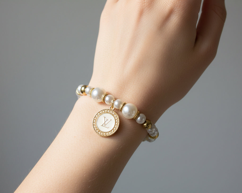 71 - Upcycled Pearl Round Pendant Bracelet with Gold Accents