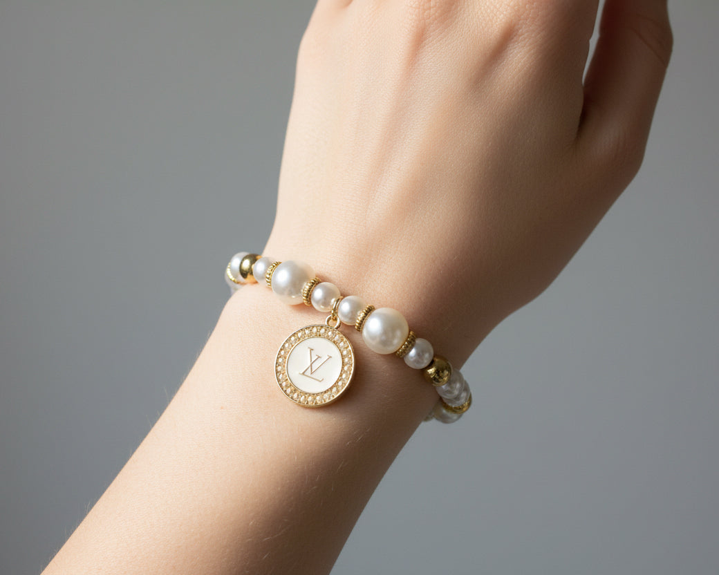 71 - Upcycled Pearl Round Pendant Bracelet with Gold Accents
