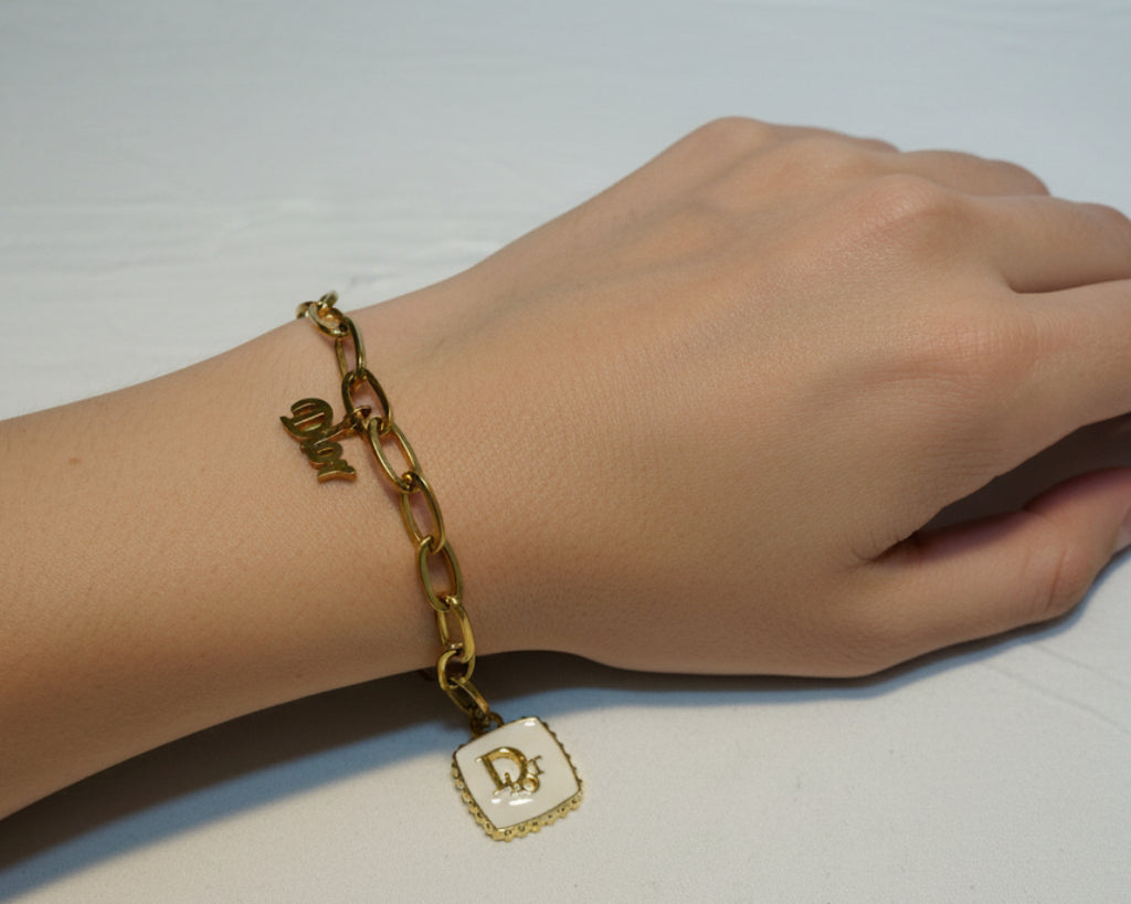 74 - Upcycled Gold White Pendant Bracelet