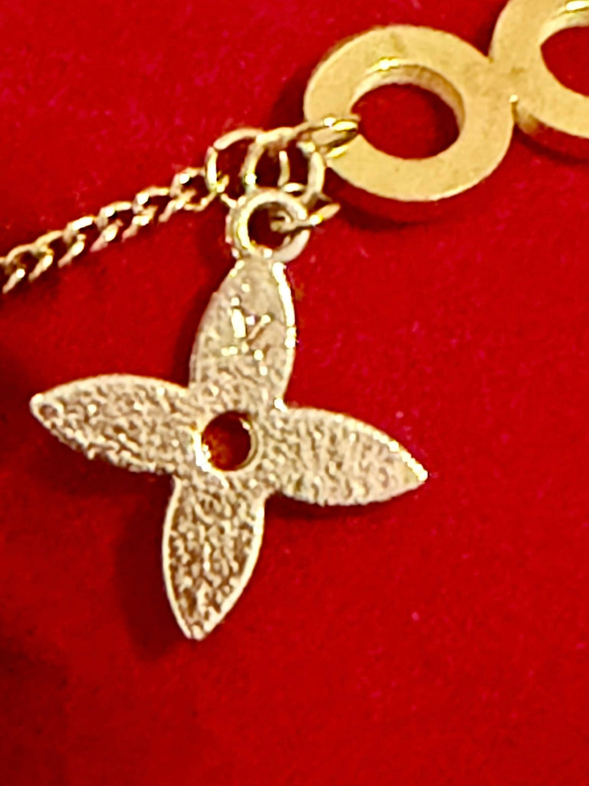 7- Upcycled Red and Gold Flower Pendant with Gold Charm Bracelet