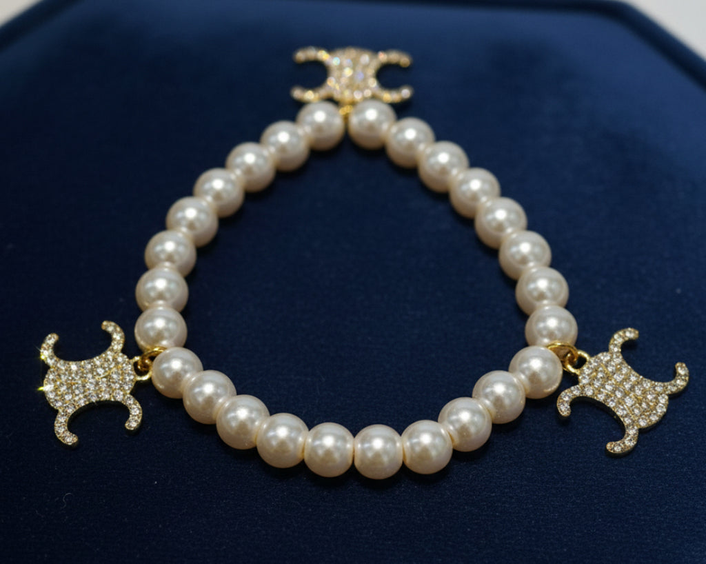 13 - Pearl and Clear Rhinestone Charm Bracelet