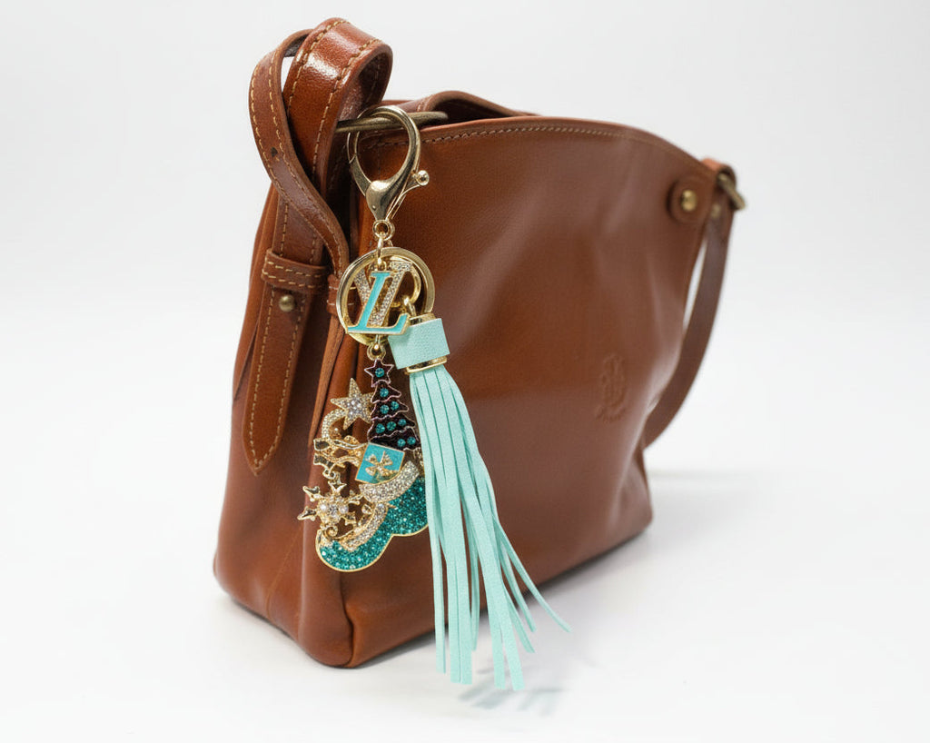 721- Upcycled Teal Pendant Christmas Bag Charm