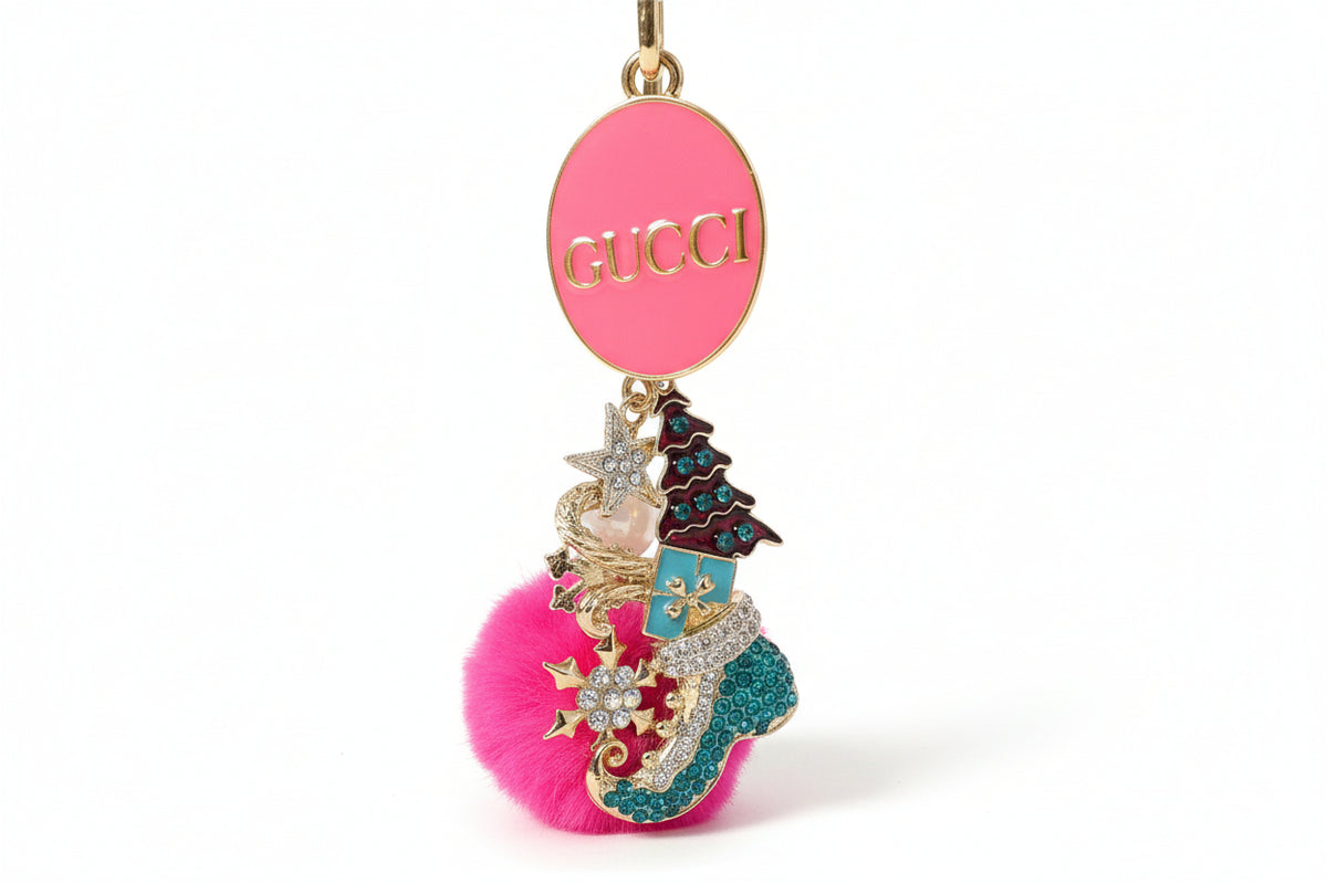 726- Pink Pendant with Christmas Tree Charm and Pink Pompom Bag Charm