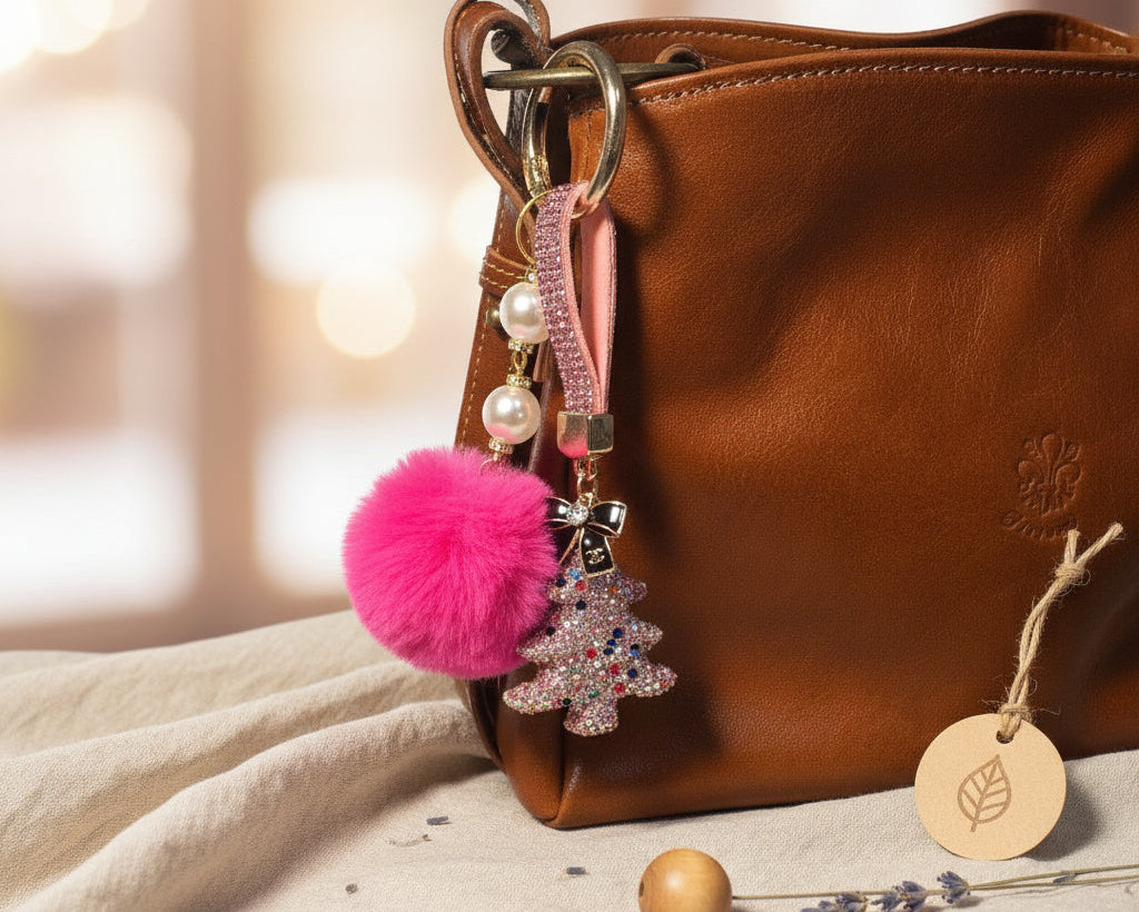 728-  Black Bow Charm with Pink Christmas Tree Bag Charm