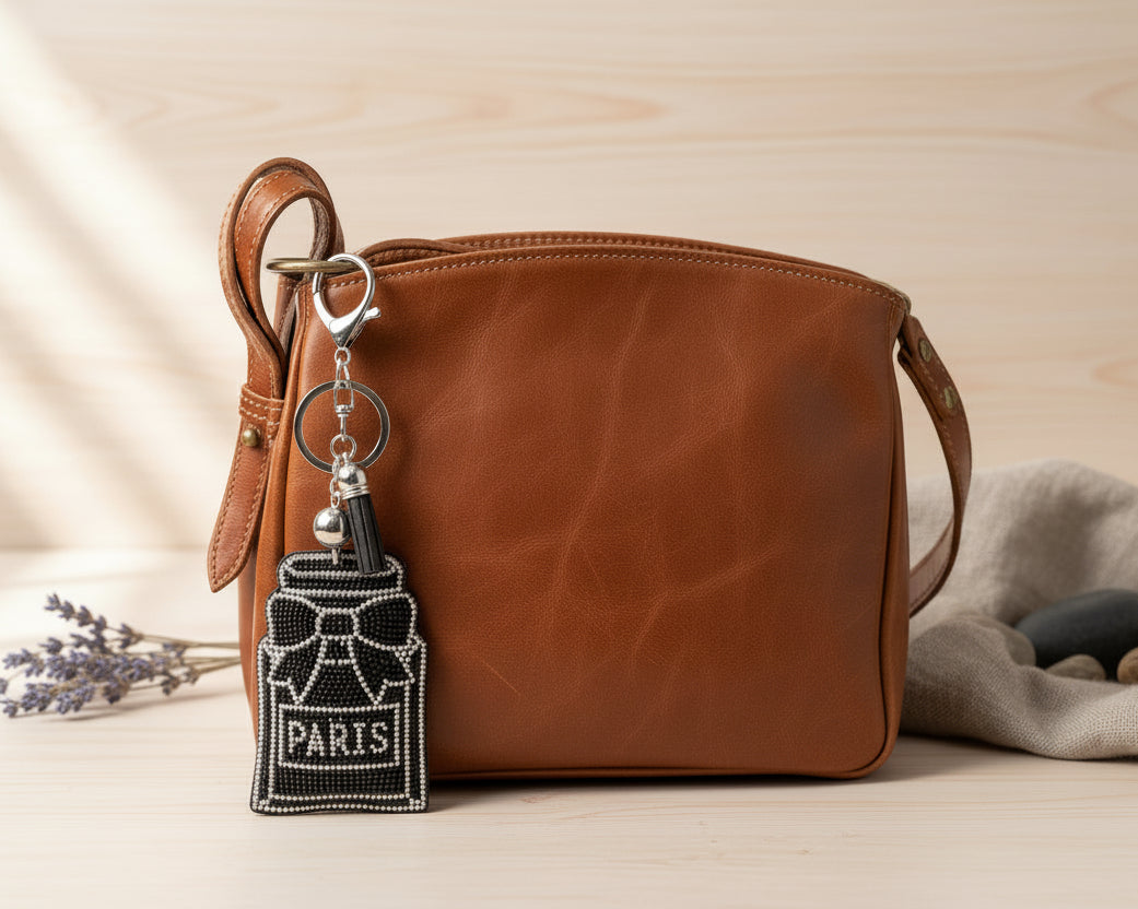 732-  Charm with Black and Clear Rhinestones on Silver Bag Charm