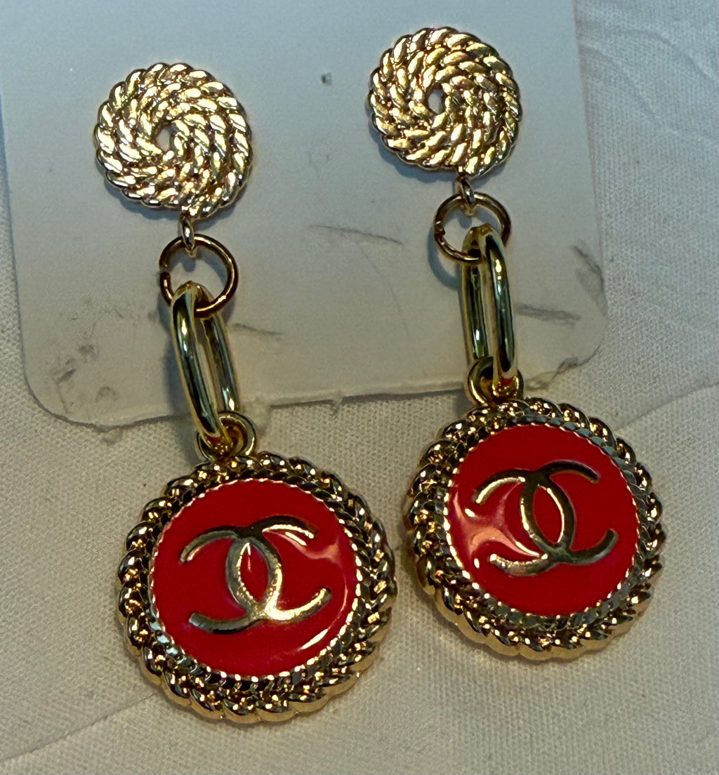 476 - Upcycled Gold Pendant Earrings with Pink Accent