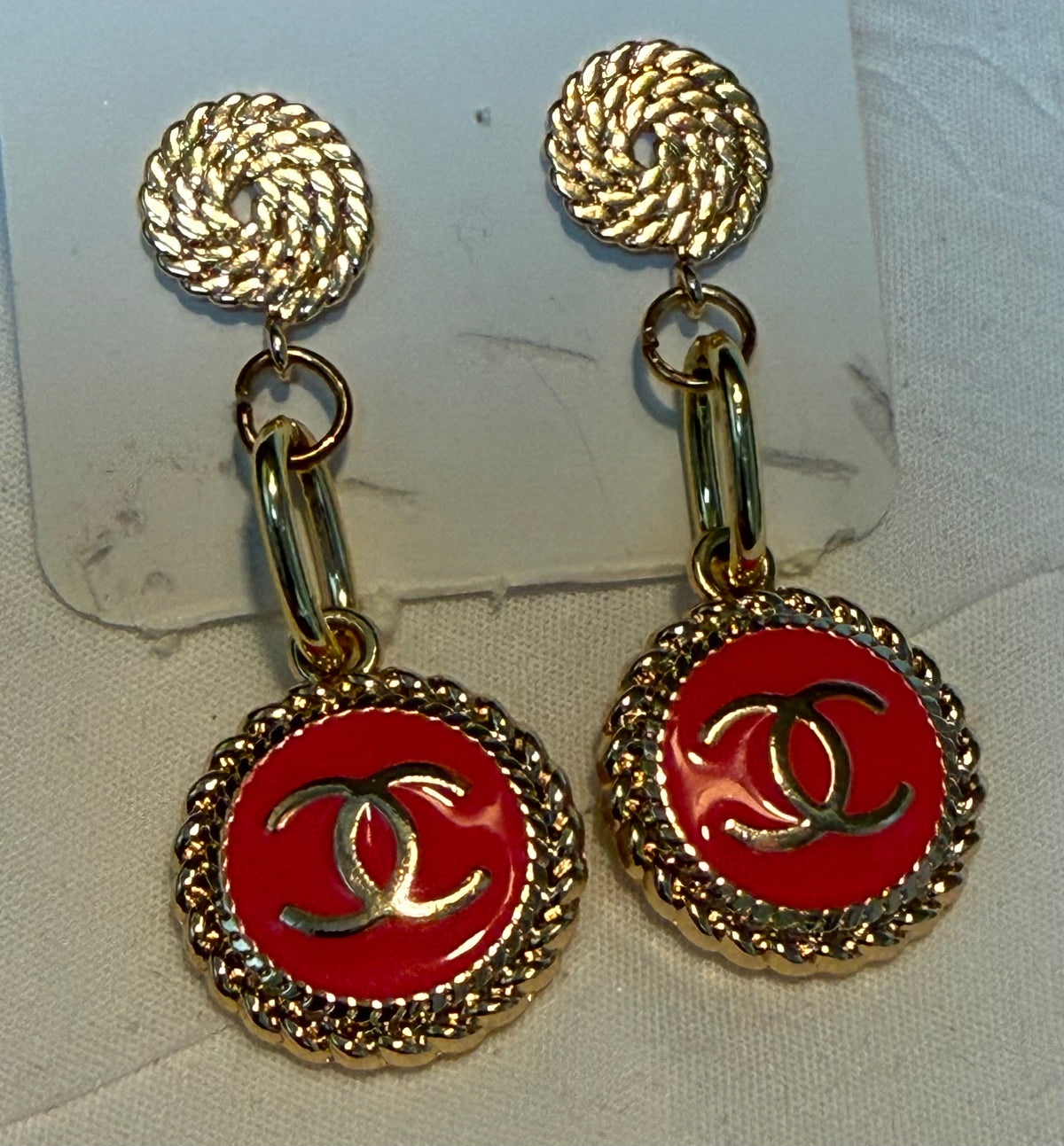 476 - Upcycled Gold Pendant Earrings with Pink Accent