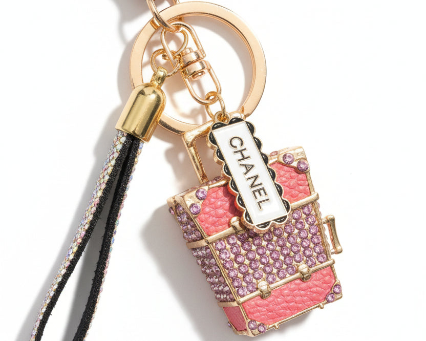 736- Upcycled White and Gold Pendant with Pink Suitcase Charm Bag Charm
