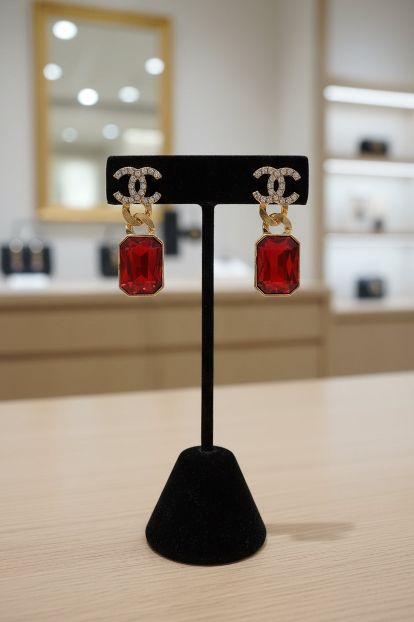 461 - Gold Earrings with Red Rhinestone Drops and Clear Rhinestone Accents