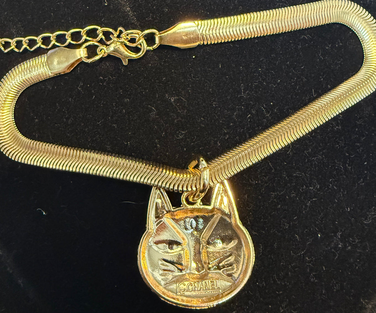 88 - Upcycled Gold White Cat Pendant Bracelet