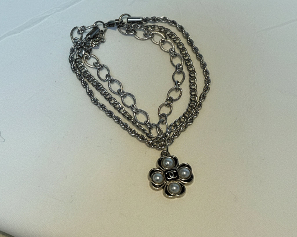 20 - Upcycled Silver Triple Chain Pearl Clover Bracelet