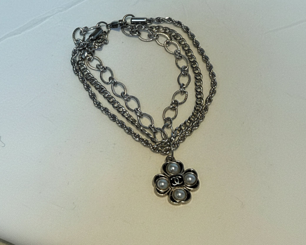 20 - Upcycled Silver Triple Chain Pearl Clover Bracelet