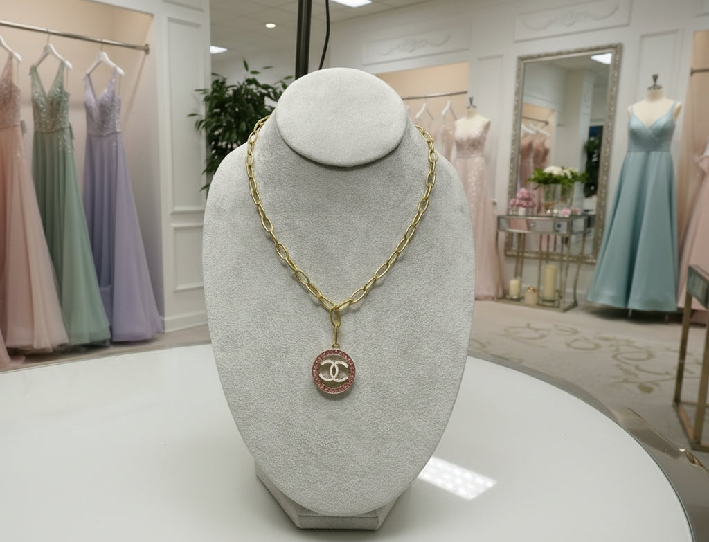 351 - Upcycled Gold Pendant Necklace with Red Rhinestones