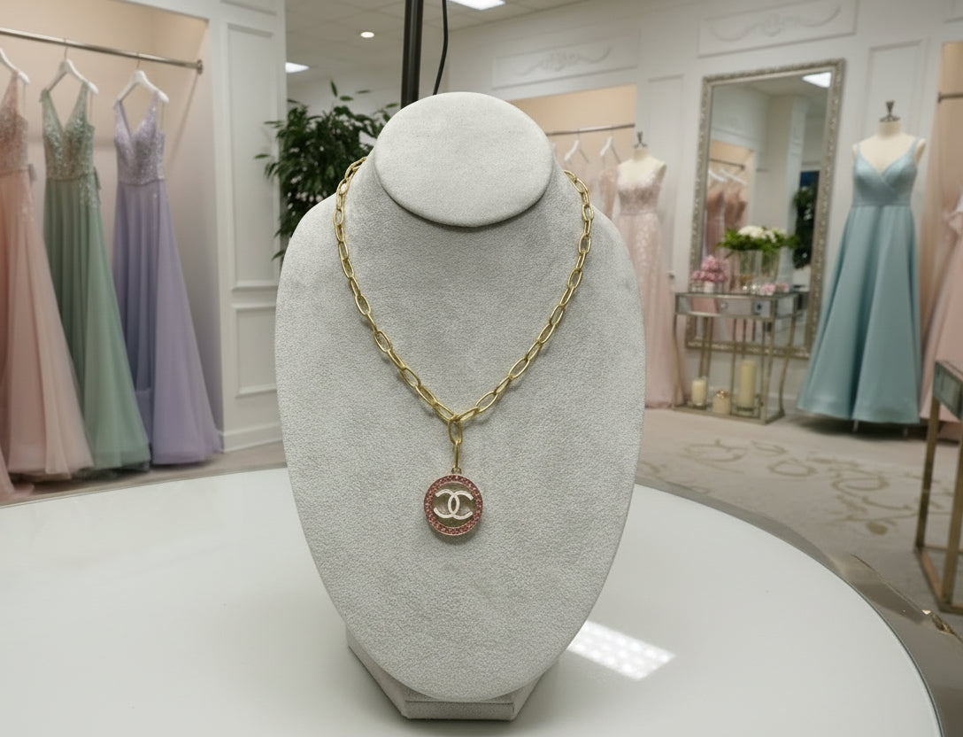 351 - Upcycled Gold Pendant Necklace with Red Rhinestones
