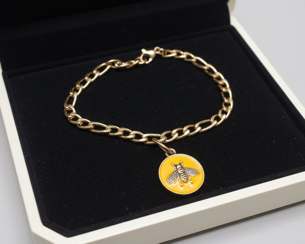 92 - Upcycled Gold Yellow Mini Bee Pendant Bracelet