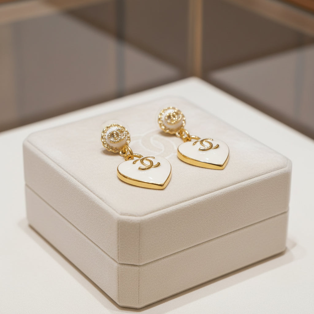485 - Upcycled Gold White Heart Pendant Earrings