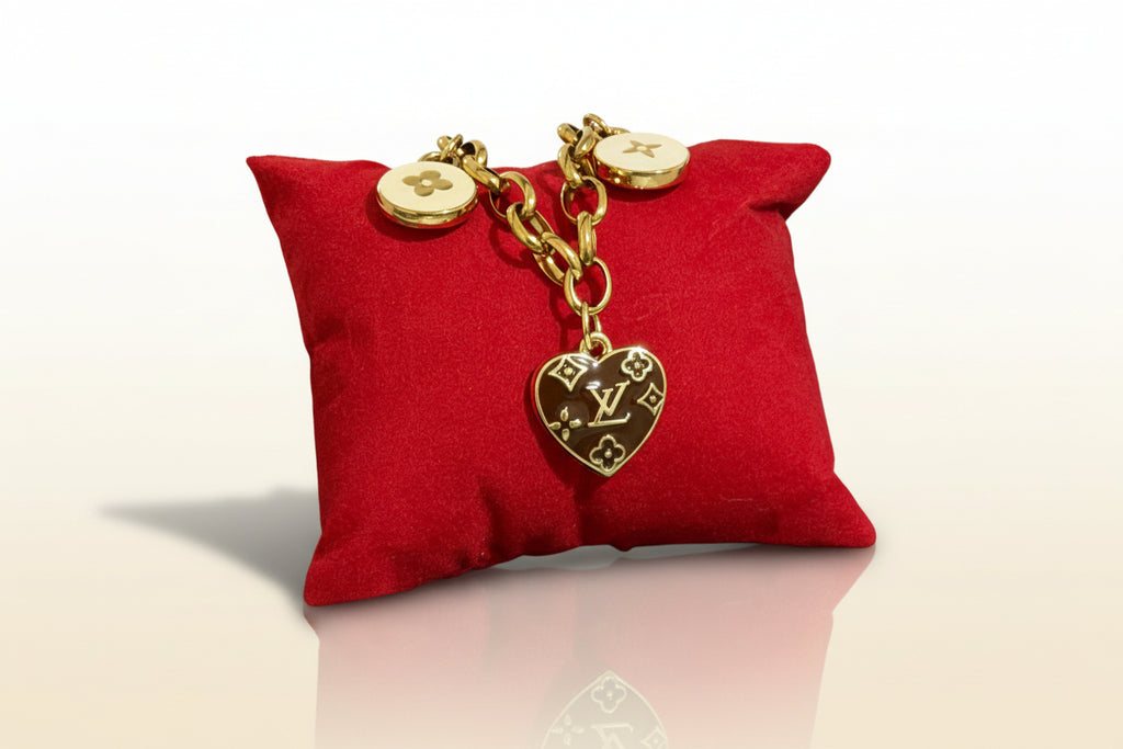 8- Upcycled Chocolate Heart and Double Sided White Star and Clover Charms on Gold Bracelet