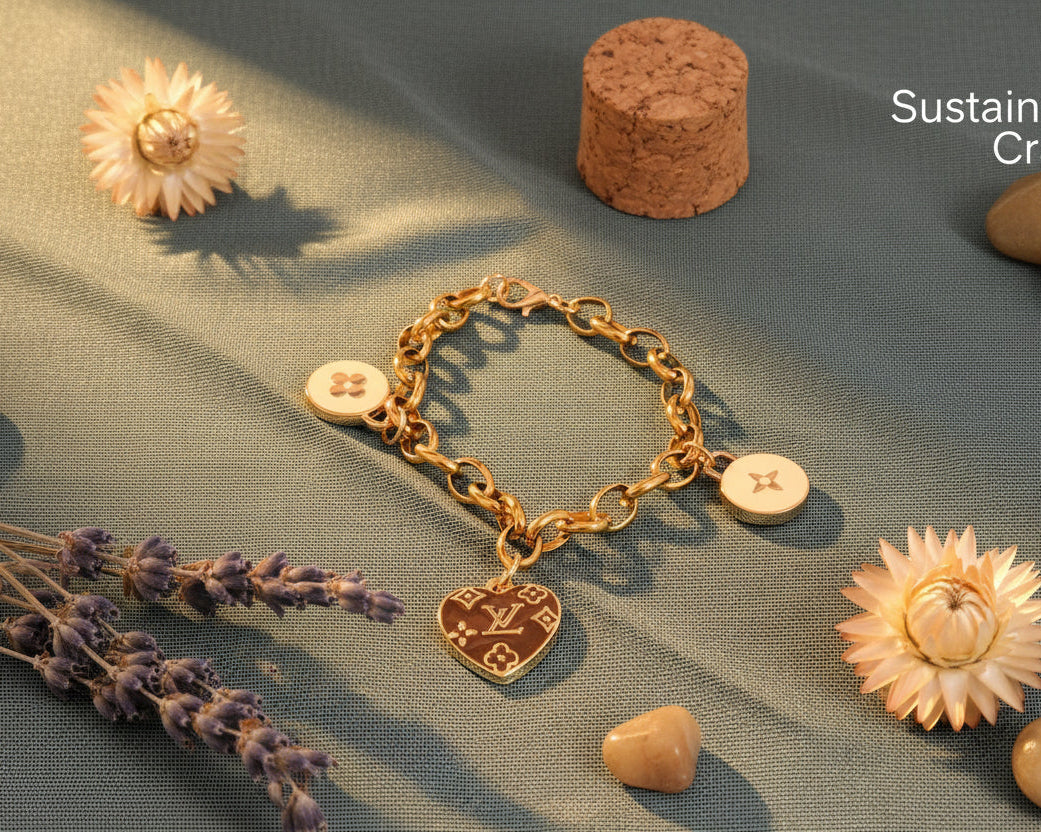 8- Upcycled Chocolate Heart and Double Sided White Star and Clover Charms on Gold Bracelet