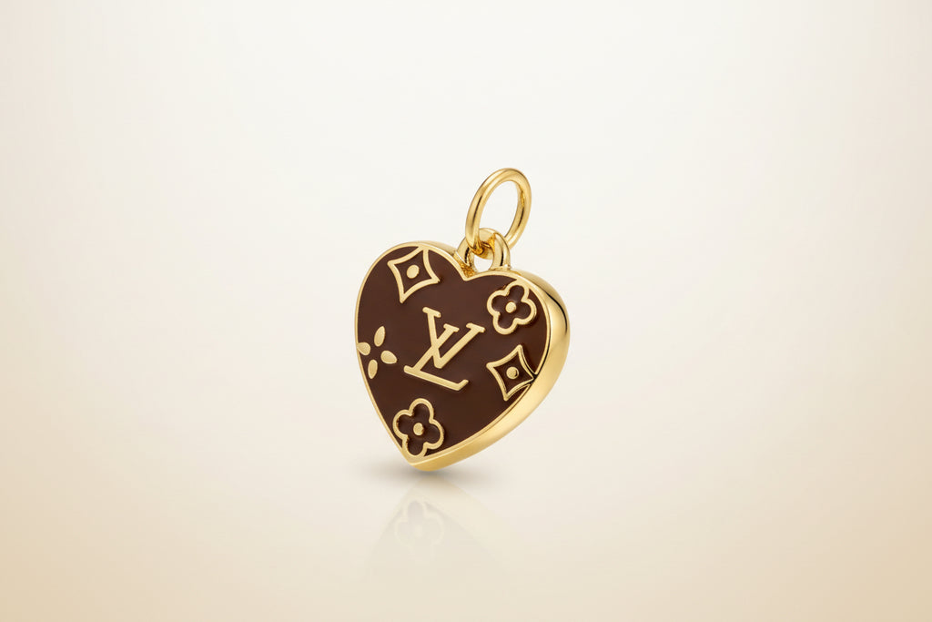 8- Upcycled Chocolate Heart and Double Sided White Star and Clover Charms on Gold Bracelet