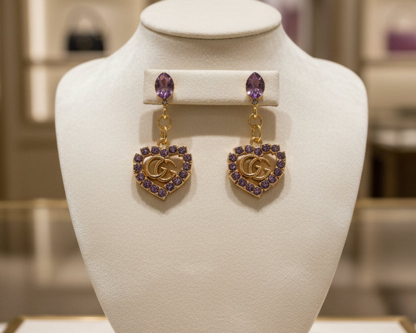 431 - Upcycled Gold Lavender Heart Earrings