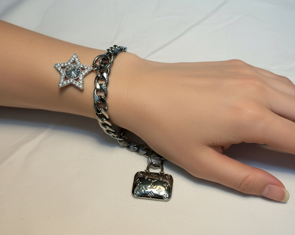 65 - Upcycled Silver multi Pendant Bracelet