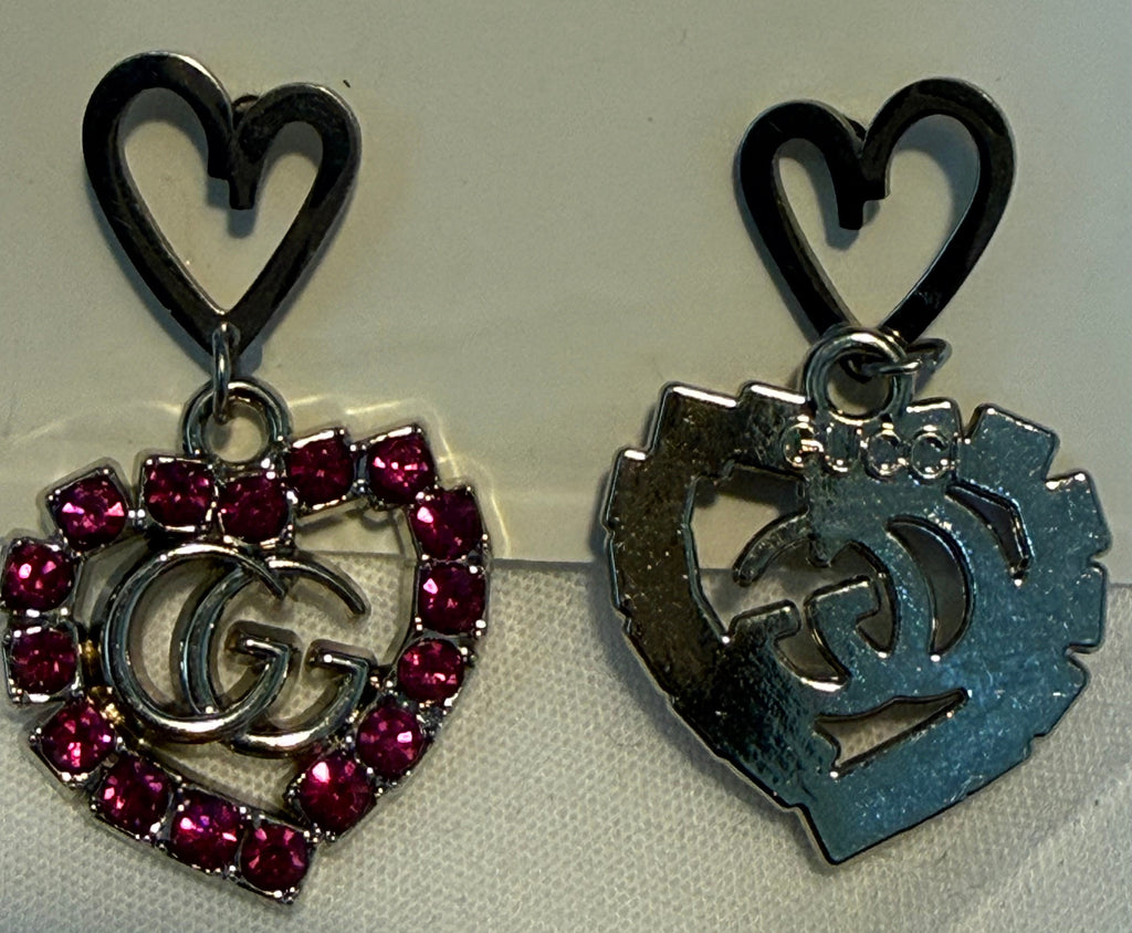 452 - Upcycled Silver Heart Pendant Earrings with Red Rhinestones