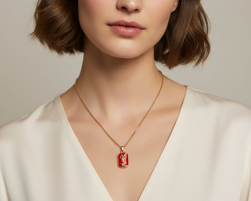 252- Red Pendant with Gold Letter on a Gold Necklace