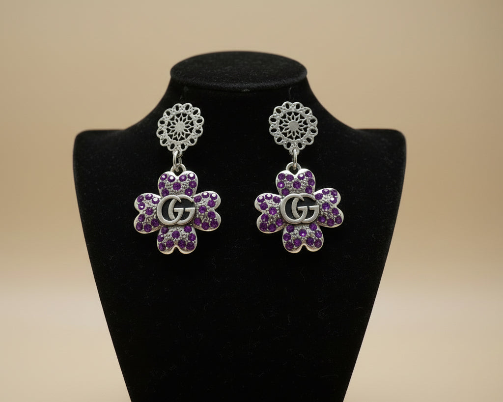 429 - Upcycled Silver Clover Earrings with Purple Rhinestones