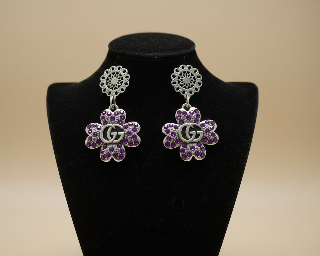 429 - Upcycled Silver Clover Earrings with Purple Rhinestones