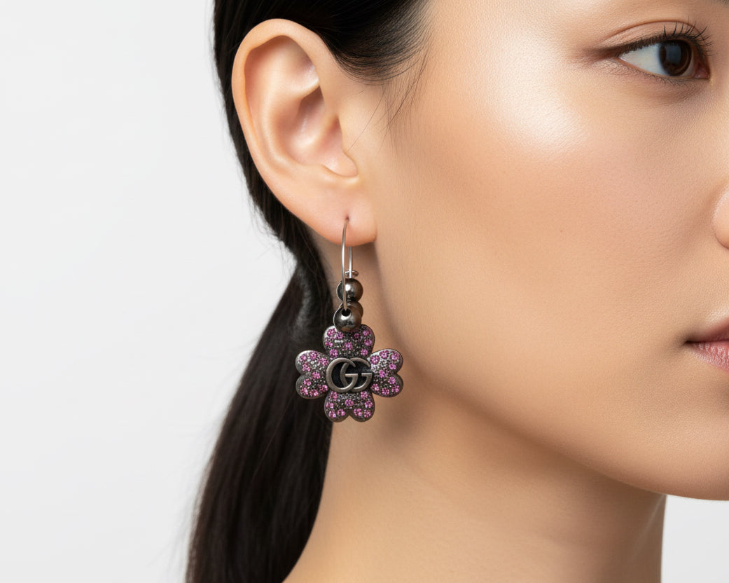 433 - Upcycled Silver Pink Clover Hoop Earrings