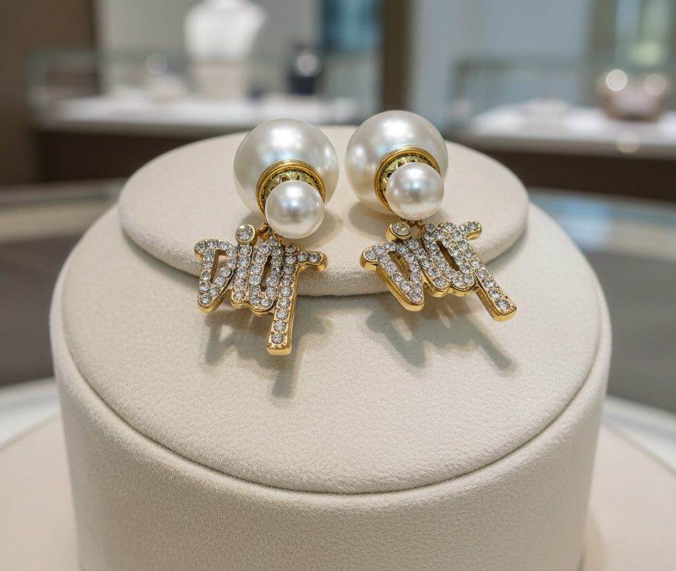 494 - Upcycled Gold Double Pearl Earrings with Clear Rhinestones