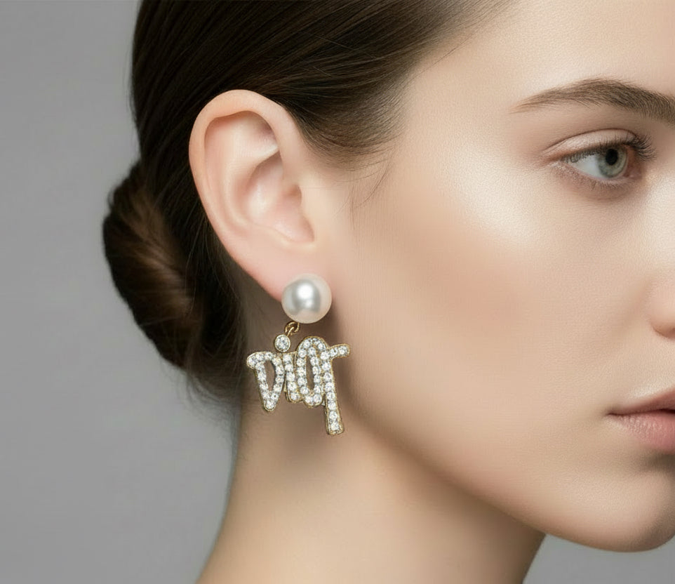 494 - Upcycled Gold Double Pearl Earrings with Clear Rhinestones