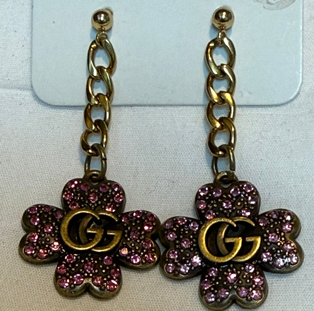 479 - Upcycled Gold Clover Pendant Earrings with Pink Rhinestones