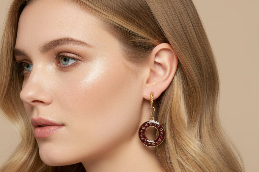 438 - Upcycled Gold Maroon Donut Huggy Earrings