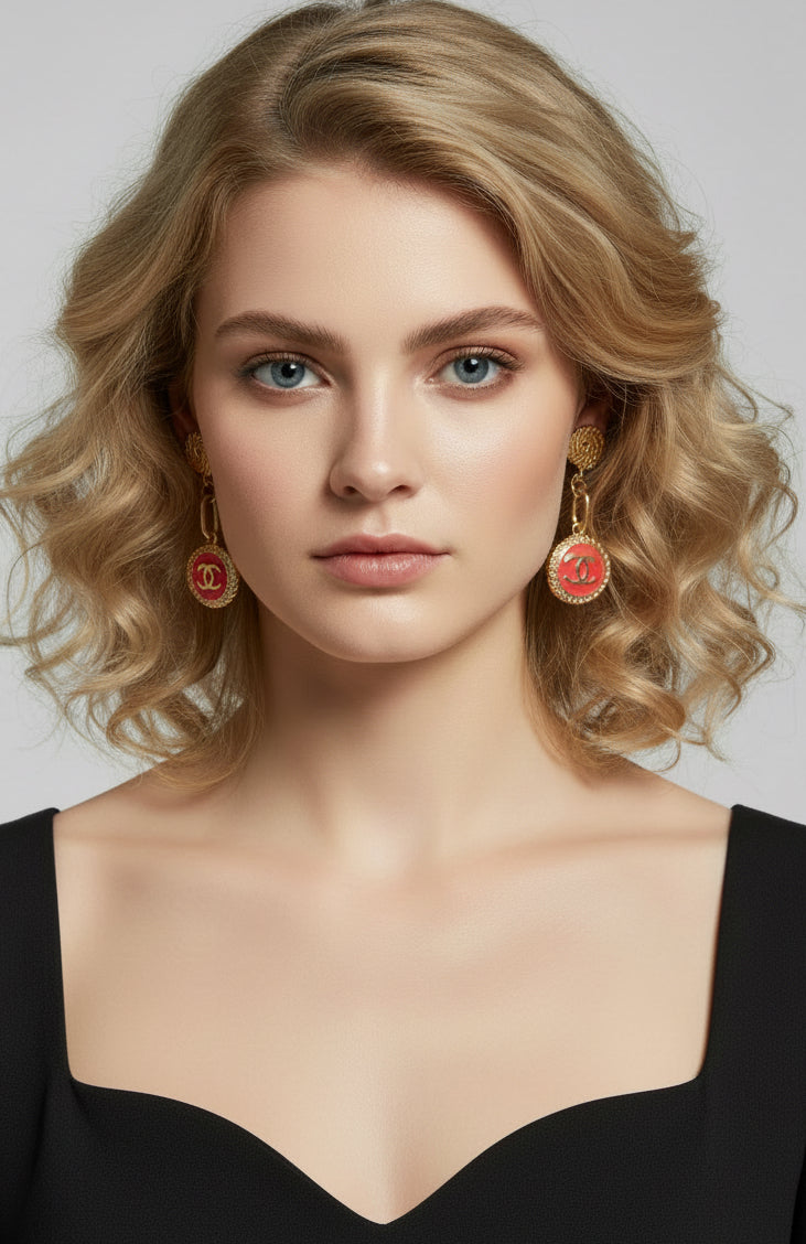 476 - Upcycled Gold Pendant Earrings with Pink Accent