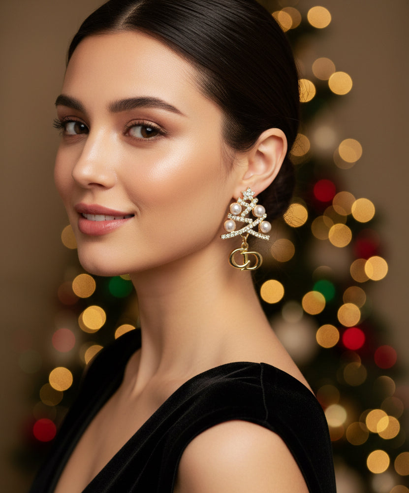 472 - Upcycled Gold Christmas Tree Earrings with Pearl Accents