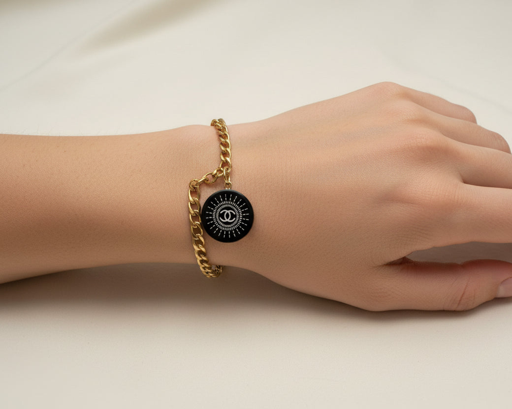 68 - Upcycled Gold Bracelet with Black Pendant