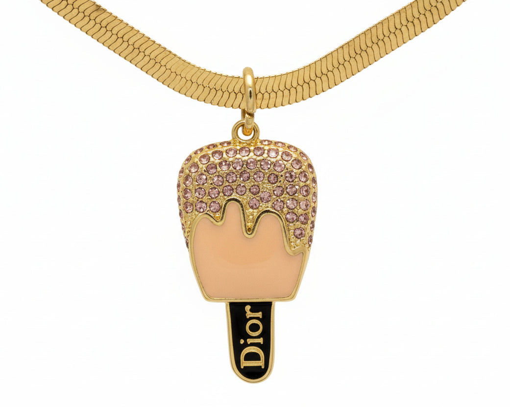 263 - Gold Pink Rhinestone Popsicle Double Chain Necklace