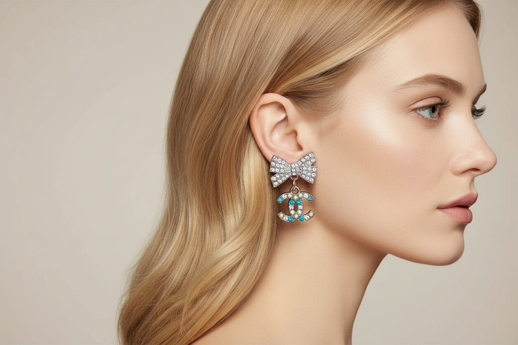 455 - Upcycled Silver Bow Charm Earrings with Clear and Blue Rhinestones