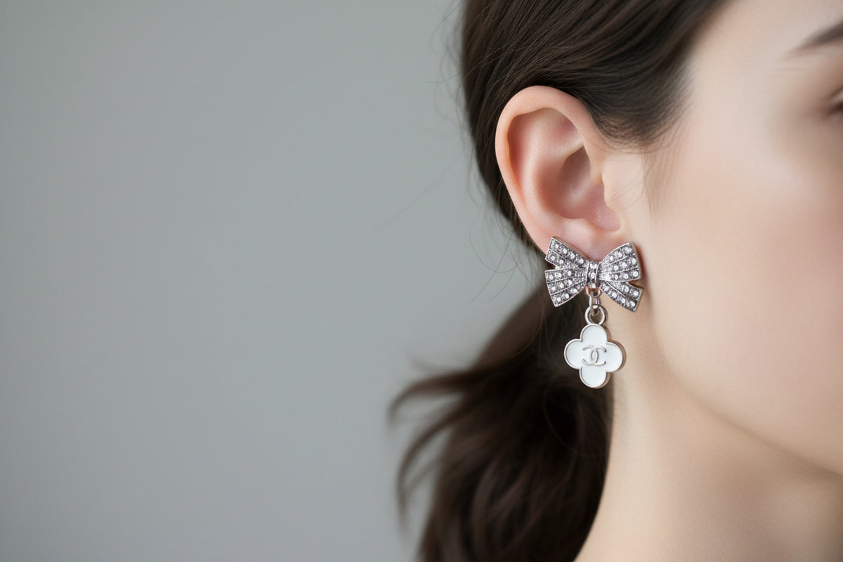 462 - Upcycled Silver White Flower Pendant Earrings with Bows