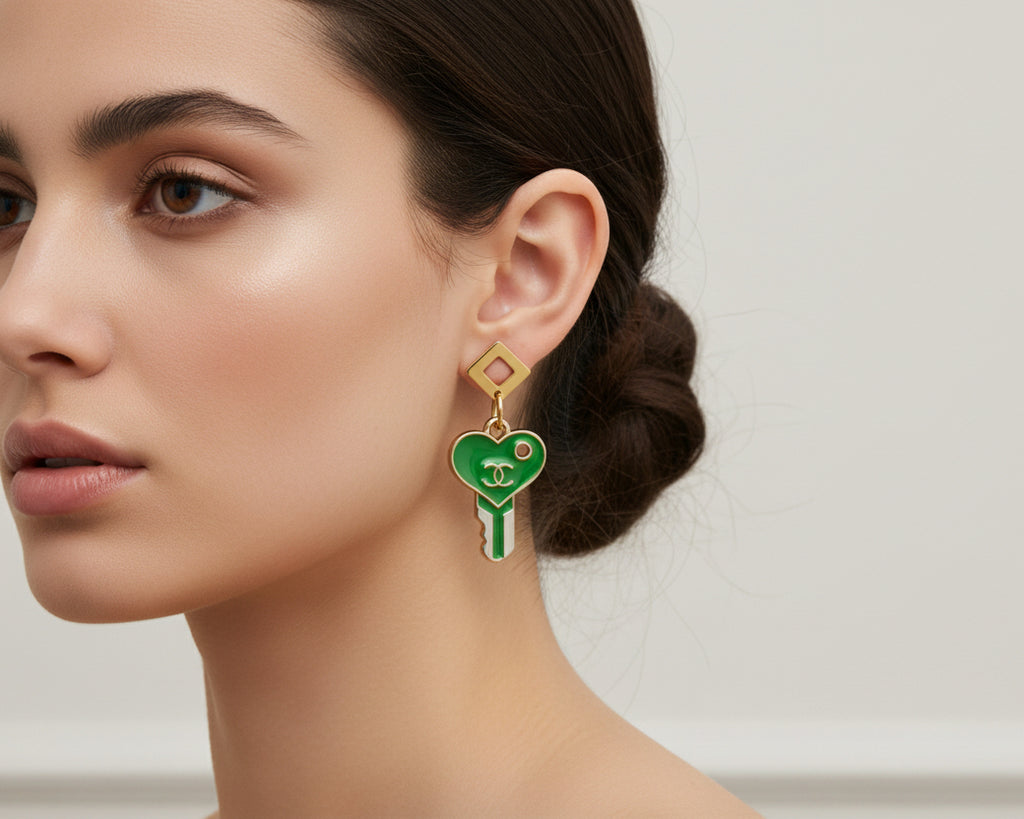 442 - Gold Lime Green Key Earrings
